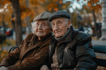 Fototapeta premium Elderly couples sitting on park benches chatting