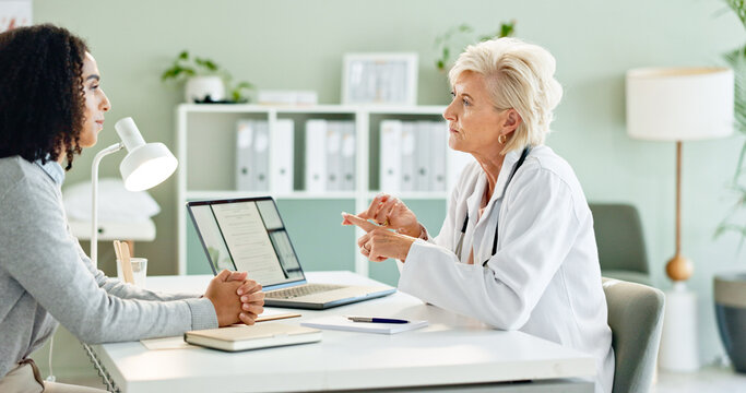 Mature woman, doctor and consulting with patient for medication, prescription or diagnosis at hospital. Female person talking to client for dosage, steps or list in consultation at office or clinic
