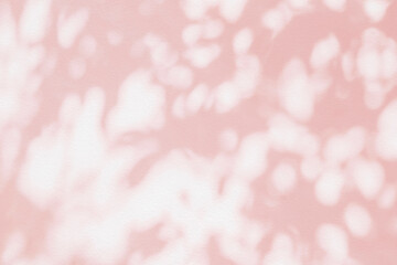 Leaf tree shadow and light on wall pink background. Nature tropical leaves shadows sunshine of plant shade sunlight on white wall texture, rose gold color shadow overlay effect foliage mockup
