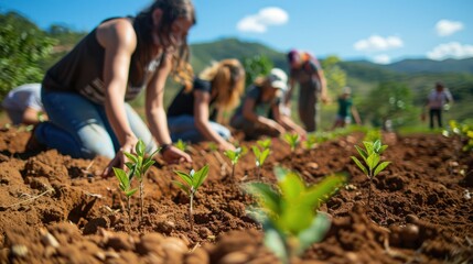 Volunteers caring for young trees in a reforestation project, with a backdrop of clear skies and fertile soil