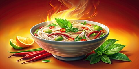 Vibrant doodle hand-drawn illustration of steaming hot pho bowl with noodles, herbs, and chili slices on a bright colored background, perfect for social media headers.