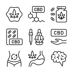 Open hand with marijuana leaf linear icons set. Cannabidiol linear icons collection. Cannabis legalization. Contour symbols. Vector isolated outline drawing