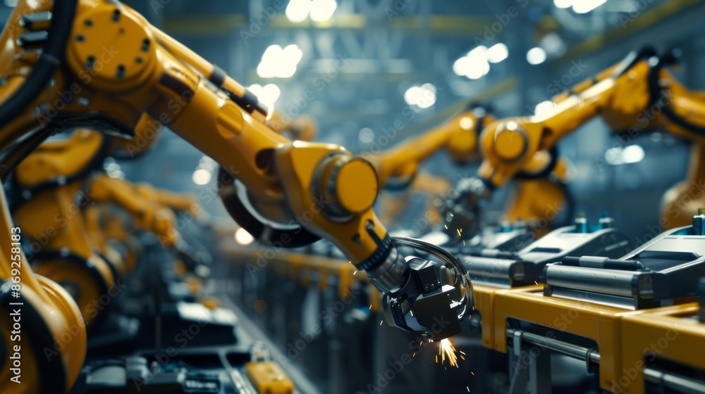 Poster close-up of yellow industrial robots on an assembly line, welding with precision and efficiency. spa