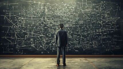 A mathematician, intensely focused, stands before a chalkboard filled with interconnected equations.