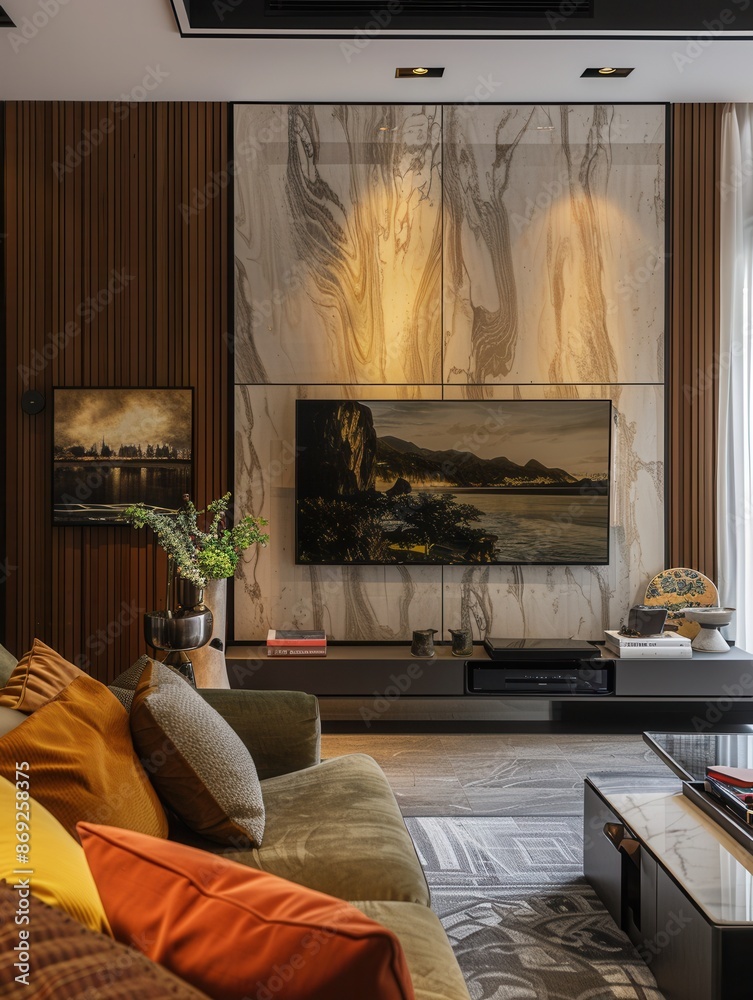 Poster a sleek home theater setup in a modern living room includes two large tvs mounted on a wall unit. de
