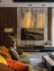 A sleek home theater setup in a modern living room includes two large TVs mounted on a wall unit. Decor is minimalist with comfy seating and a coffee table. Generative AI