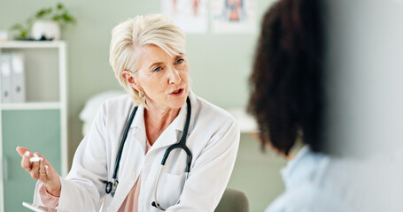 Mature woman, doctor and consultation with patient for prescription, diagnosis or medical results...