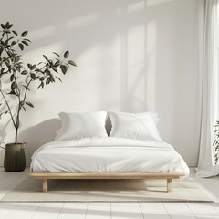 minimalist bedroom interior with bed in front of empty wall