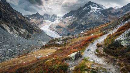 A glacial valley with rugged terrain and a winding mountain trail