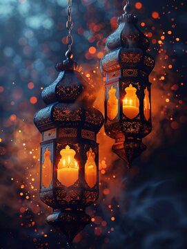 Islamic Greeting Card Concept. Happy Muharram. Islamic New Year on clean dark background with bokeh. Happy new Hijri year design with gold pattern and lamp on night