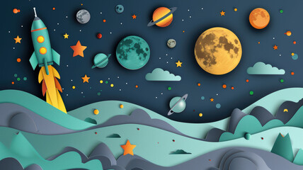 Paper Cut Style Rocket to the Moon