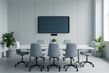 A conference room with a large blank screen on the wall, a conference table with chairs, and plants in the corner.