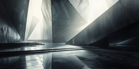 Abstract Geometric Architecture with Monochrome Tones, Sharp Angles, and Dramatic Lighting