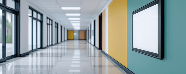 Obraz premium Bright school hallway with colorful walls and windows