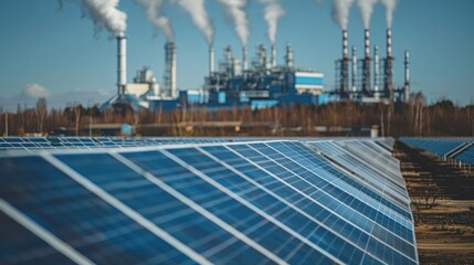 Obraz premium Rows of solar panels and a biomass plant in the background, representing the integration of different renewable energy sources