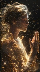 Naklejka premium Glow in golden light with hands in prayer pose