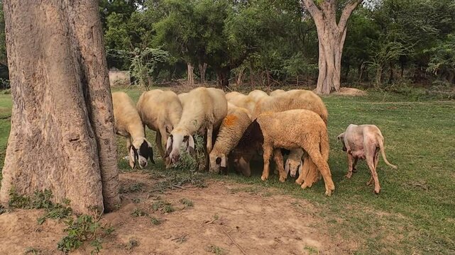 Sheep eating grass in a field, a few with bells around their necks.