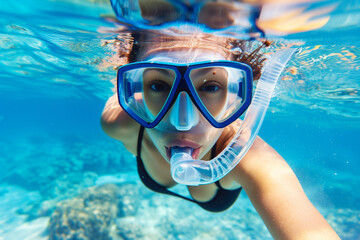 Naklejka premium Underwater Selfie of Young Woman Snorkelling in Clear Blue Waters - Adventure, Marine Exploration, Summer Fun