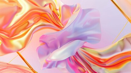 Digitally created image of iridescent fabric swirling in pink, orange, and yellow colors, suspended in the air and softly lit
