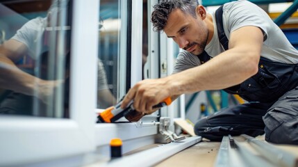 Manual worker assembling PVC doors and windows and working with screw gun