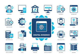Digital Evidence icon set. Authentication, Court, Digital Document, Investigation, Cyberspace, Software, Database, Computer. Duotone color solid icons