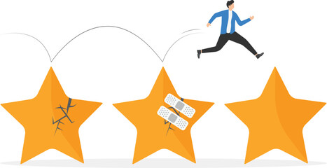 Fixing broken rating star with bandage. Reputation management, landing page template, infographic. Customer experience or rating, Stages of repairing or fix customer trust problems, credit score.


