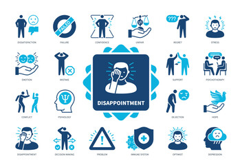 Disappointment icon set. Failure, Stress, Mistake, Dissatisfaction, Hope, Regret, Immune System, Psychotherapy, Conflict. Duotone color solid icons
