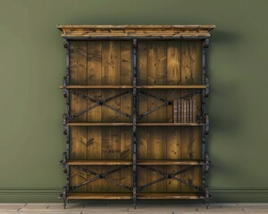 A rustic pine wood bookshelf with iron accents, standing against a deep olive green luxury house wall.