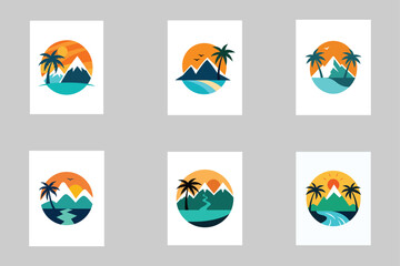 A logo of a mountain and palm tree vector art illustration