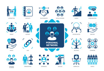 Personal Network icon set. Interaction, Relationship, People, Organization, Experience, Contacts, Communication, Career. Duotone color solid icons