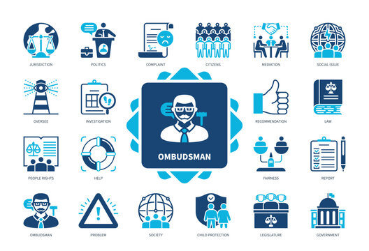 Ombudsman icon set. Mediation, Investigation, Child Protection, Oversee, Jurisdiction, Government, Problem, Law. Duotone color solid icons
