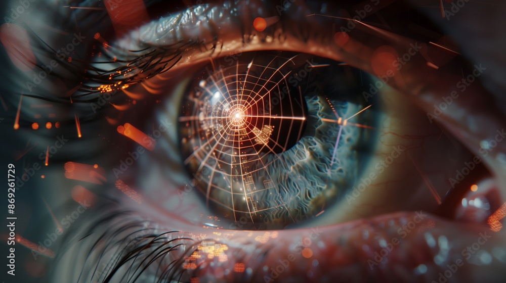 Poster a high resolution graph capturing the moment of biometric retina scanning. the human eye is wide