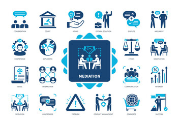 Mediation icon set. Compromise, Dispute, Negotiation, Diplomatic, Advice, Optimal Solution, Competence, Success. Duotone color solid icons