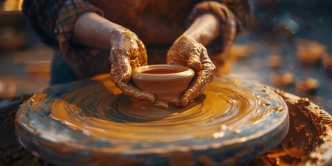 Hands Creating Pottery on a Spinning Wheel in Warm Earthy Tones