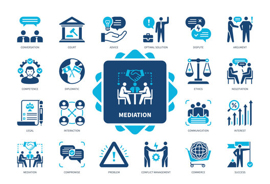Mediation icon set. Compromise, Dispute, Negotiation, Diplomatic, Advice, Optimal Solution, Competence, Success. Duotone color solid icons