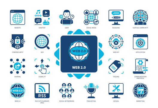 Web 2.0 icon set. Cybersecurity, SEO, Usability, Social Networking, Tagging, Design, Web API, Virtual Community. Duotone color solid icons