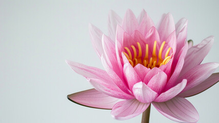 A pink water lily, shown from an angle to reveal its center against a white background
