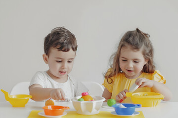 Children Playing with Toy Kitchen Set