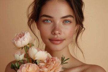 Fototapeta premium Close ups of a woman's face and flowers