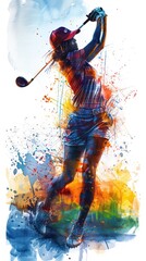 Fototapeta premium Dynamic female golfer taking a powerful golf swing.