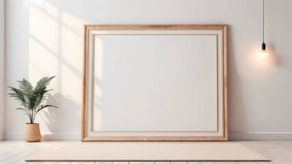 minimalist clean bright mockup photo of large blank frame on floor with light wooden moulding, white background wall, light boho carpet, trending on etsy