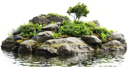 Small island with grass and stones. White background