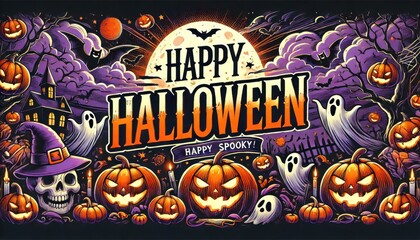 Spooky Halloween Scene with Pumpkins and Ghosts