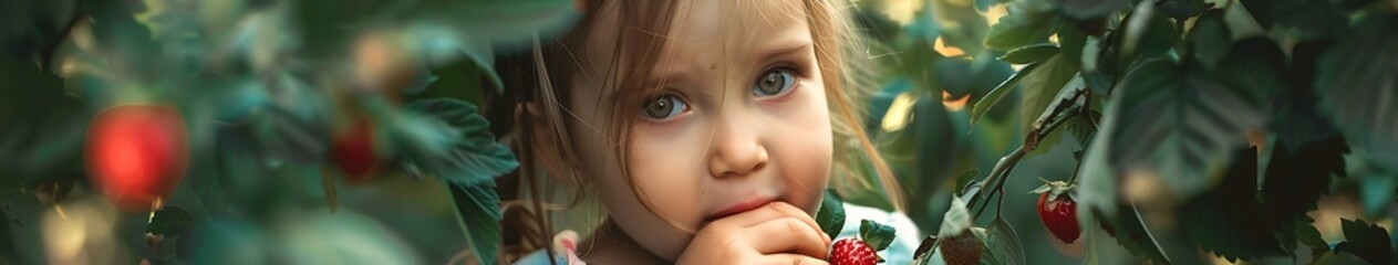 girl eats raspberries from the bush, a child tastes a raspberry, a little girl in the summer on a sunny day, panoramic