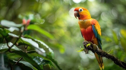 Obraz premium A vibrant rainforest teeming with diverse wildlife, including colorful birds and exotic plants