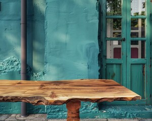 A rustic fir wood dining table with a live edge, positioned in front of a teal luxury house wall.