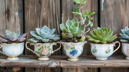 Elegant Vintage Teacup Succulent Planters on Rustic Wooden Shelf