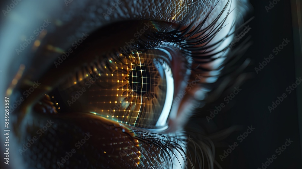 Poster a realistic capturing a biometric retina scan. the eye is open, with a sophisticated scanner