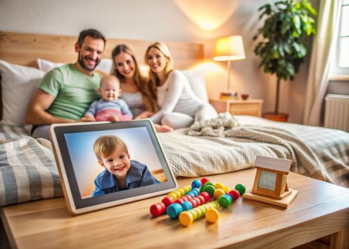 Cozy bedroom scene with a tablet on a bed, children's toys scattered around, and a family photo on the nightstand, symbolizing a loving gay family.