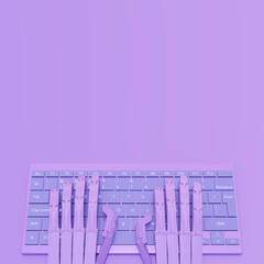 Cartoon style Hands of ai robot typing on keypad. Robotic cyborg hand using keyboard computer....